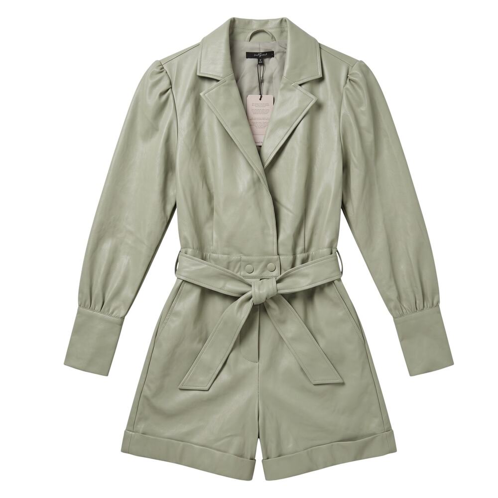 7 For All Mankind Sage Green Medium Belted Vegan Leather Romper Shorts NWT $195
